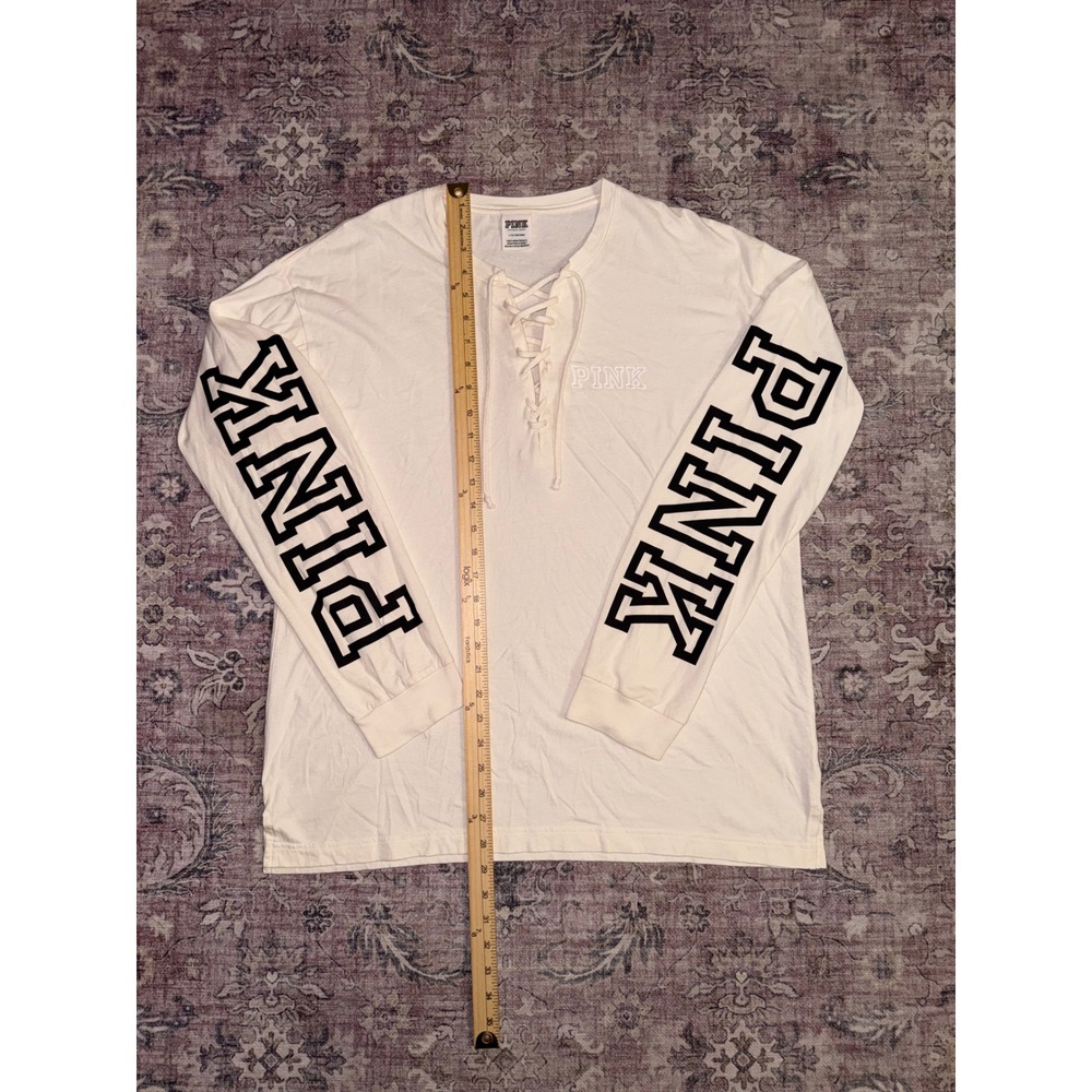 Victoria's Secret PINK Lace Up Long Sleeve T-Shirt Cream Logo Graphic Large - Picture 5 of 7